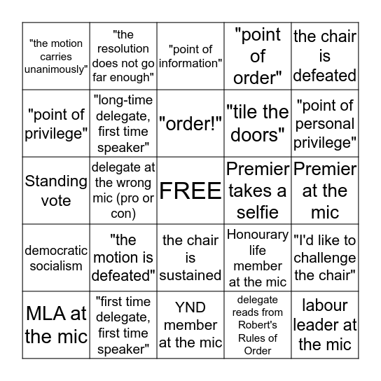 BC NDP Convention Bingo Card