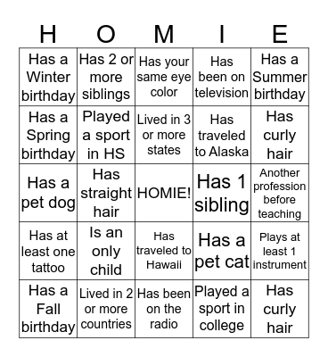 HOMIE Bingo Card