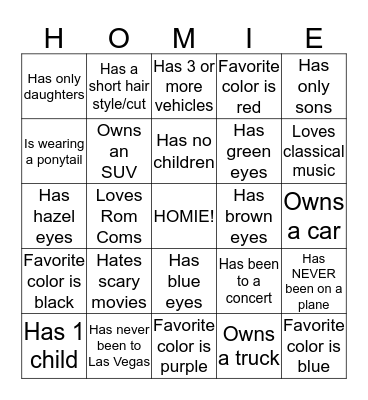 HOMIE Bingo Card