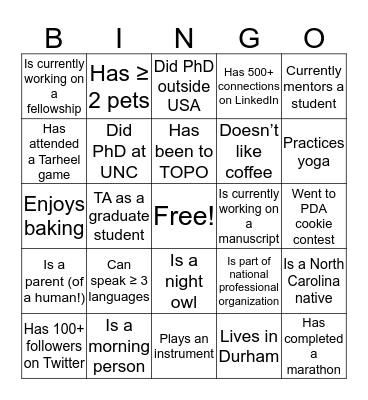 POSTDOC NETWORKING  Bingo Card