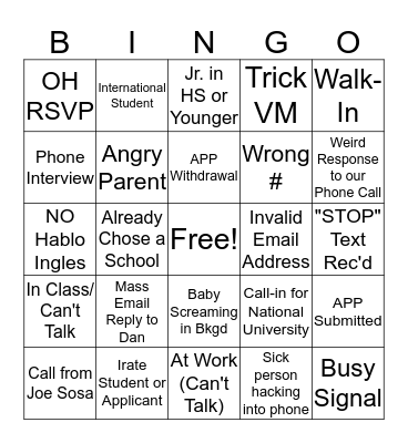 Call Motivation Bingo Card