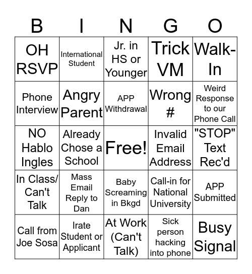 Call Motivation Bingo Card