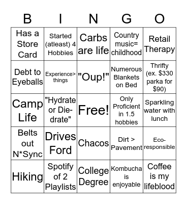 Cam Bingo Card