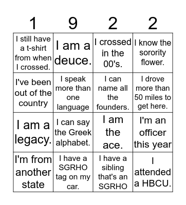 SGRHO Ice Breaker Bingo Card