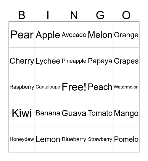 Different kind of fruits Bingo Card