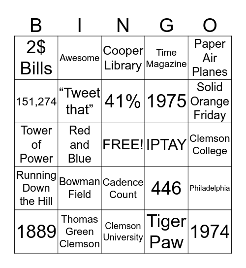 Clemson Bingo  Bingo Card