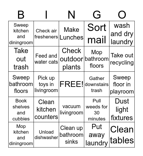 Chore Bingo Card