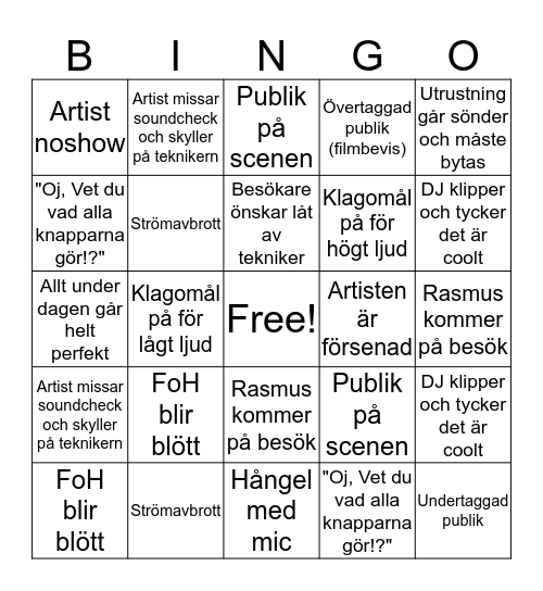 Malmöfestivalen ET-teknikerbingo! Bingo Card