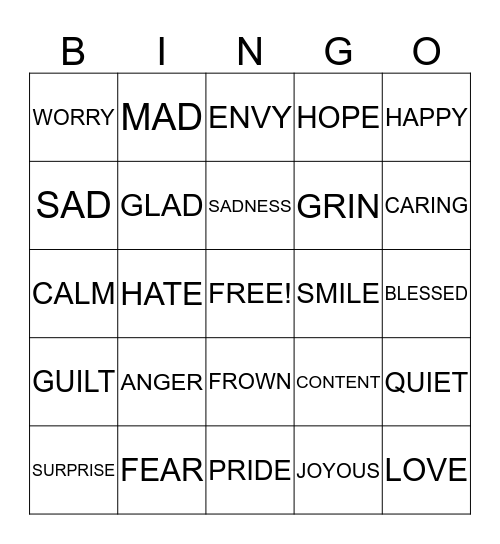 FEELINGS AND EMOTIONS Bingo Card