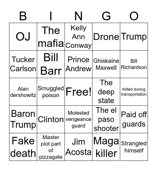 Epstein Killer Conspiracy Bingo Card