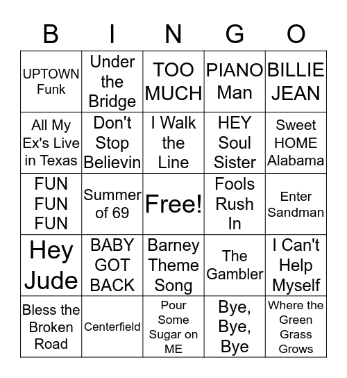 Friskey Reunion Music Bingo Card