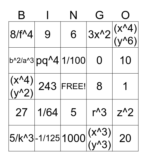 Integer & Rational Exponents Bingo Card