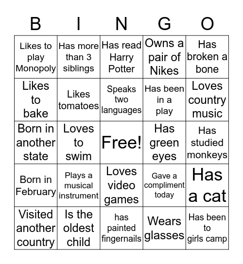 Get to Know You Bingo Card