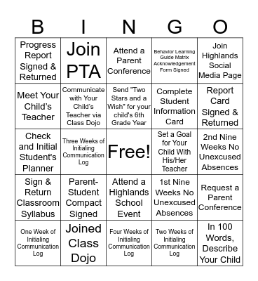 6th Grade Parent Involvement Bingo Card