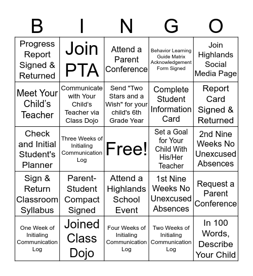 6th Grade Parent Involvement Bingo Card