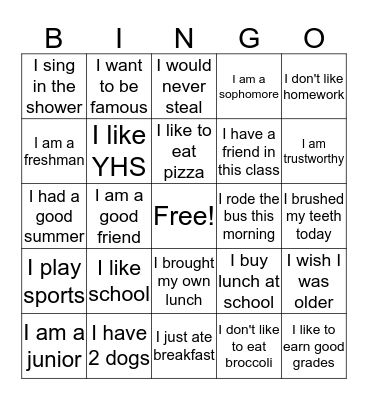 All About Me Bingo Card