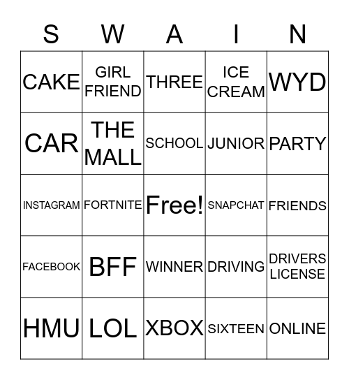 MARCUS TURNS 16 Bingo Card