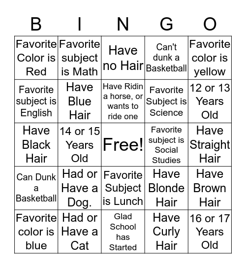 Welcome to School Bingo Card