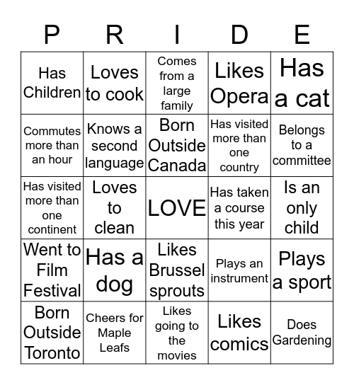 Children's Aid Society Toronto Bingo Card