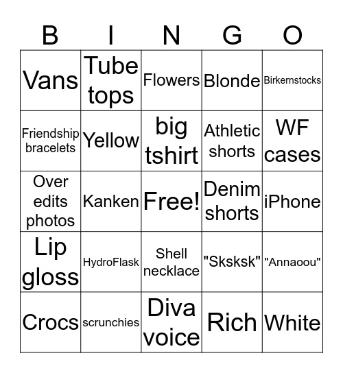 VSCO GIRL Bingo Card