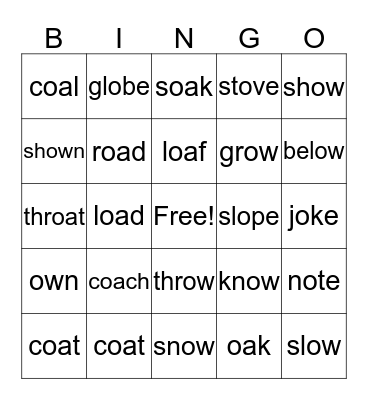 BINGO! o_e, oa, ow Bingo Card