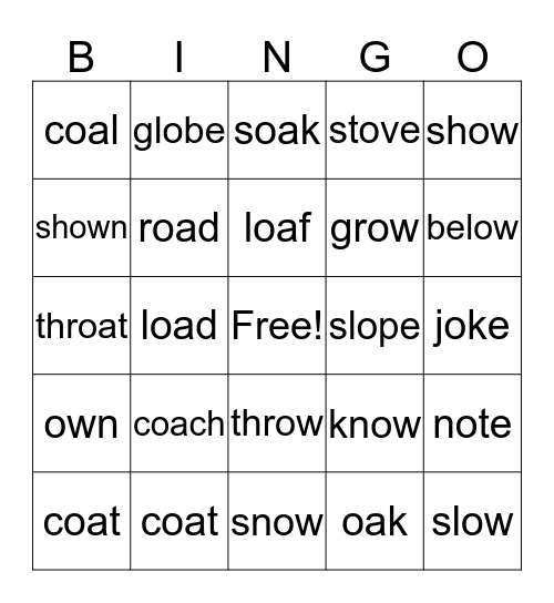 BINGO! o_e, oa, ow Bingo Card