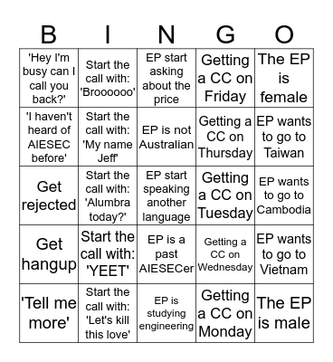 AIESEC Action Space Bingo AYE Muzz Bingo Card