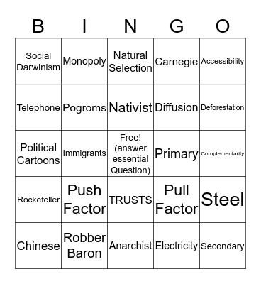 Immigration and Industrialism Bingo Card