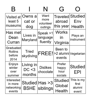 RSPH Alumni Bingo Card