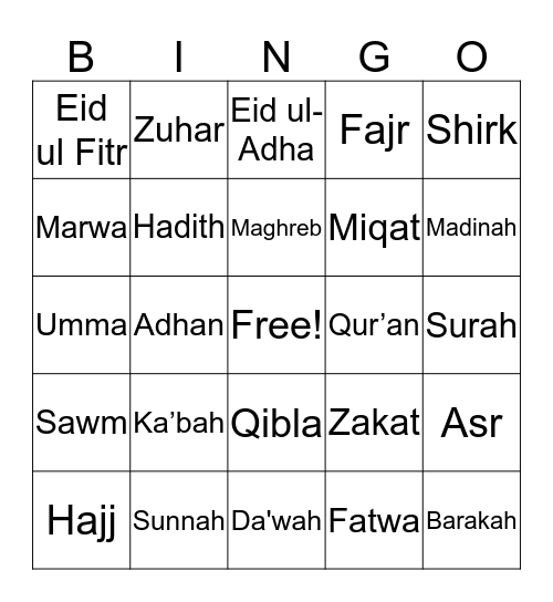 EID BINGO Card