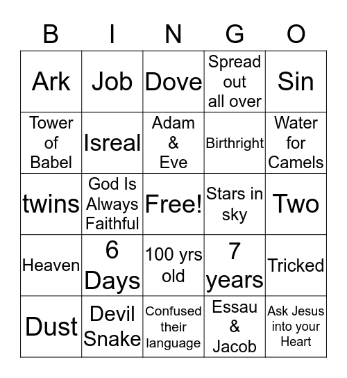 Children's Church Bingo Card