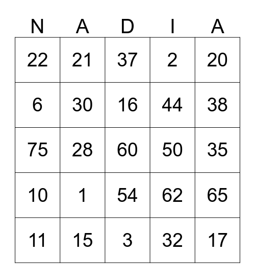 Bismillah Bingo Card