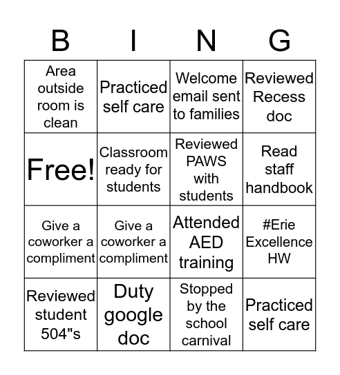 Erie Elementary Bingo Card