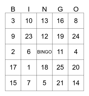 Numbers Bingo Card
