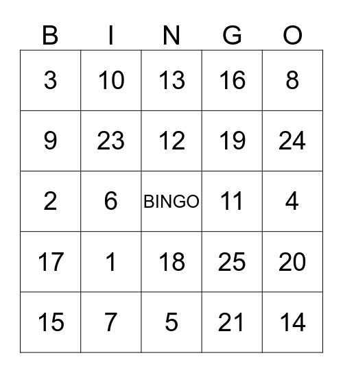 Numbers Bingo Card