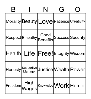 Values Bingo Card
