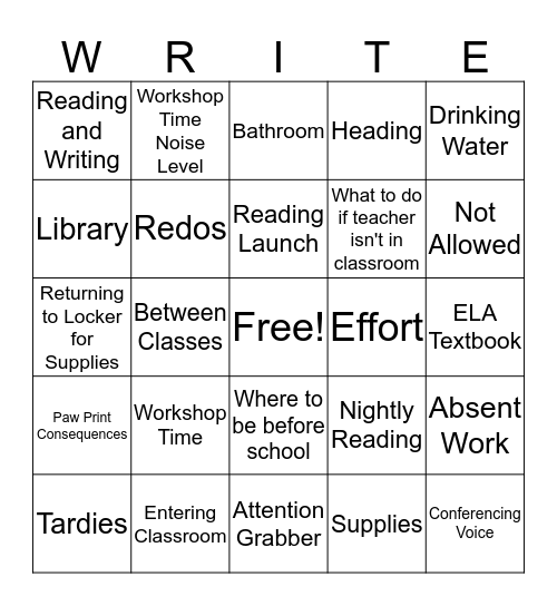 ELA Expectations BINGO Card