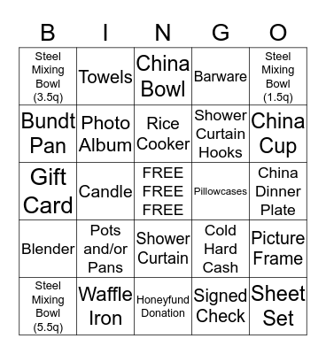 RACHEL'S BRIDAL SHOWER BINGO Card