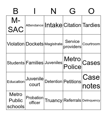 Juvenile Bingo Card