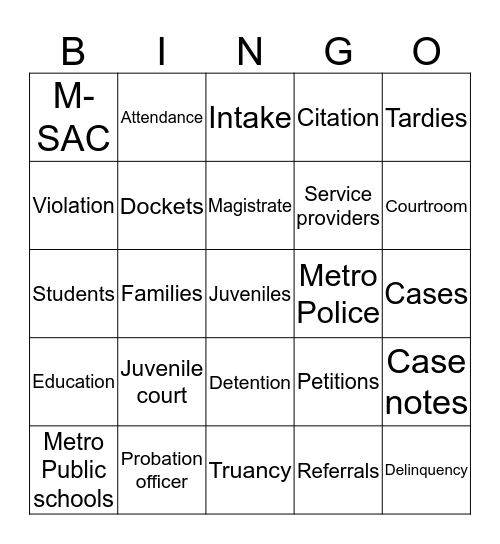 Juvenile Bingo Card