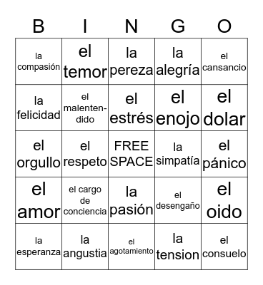 Los Sentimientos Bingo Card