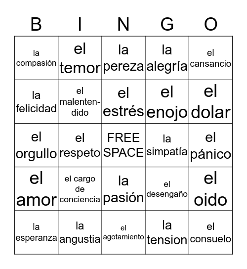 Los Sentimientos Bingo Card