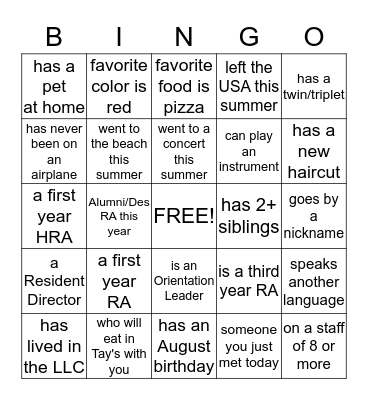 RA Training Bingo Card