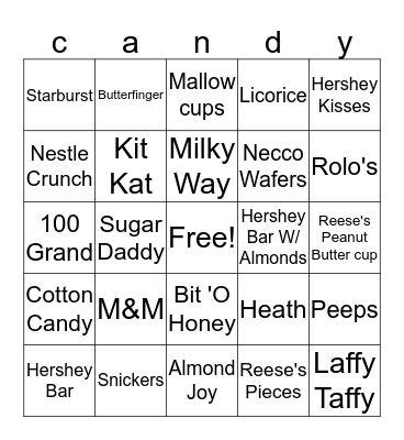 Candy Bar Bingo Card
