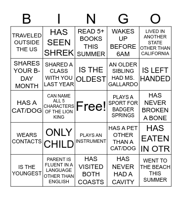 Getting To Know Your Classmates Bingo Card