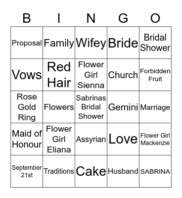 Sabrinas Bridal Shower Bingo Card