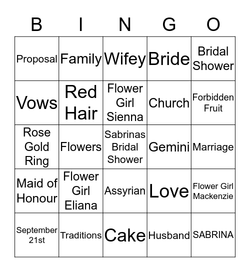 Sabrinas Bridal Shower Bingo Card