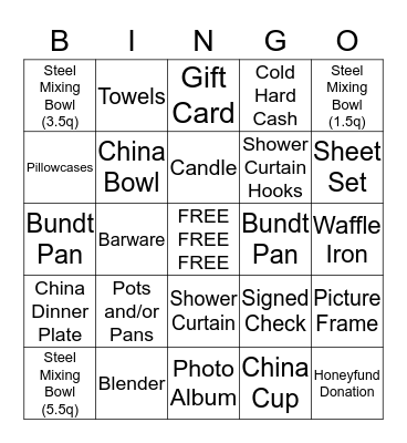 RACHEL'S BRIDAL SHOWER BINGO Card