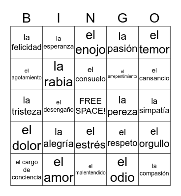 Los Sentimientos Bingo Card
