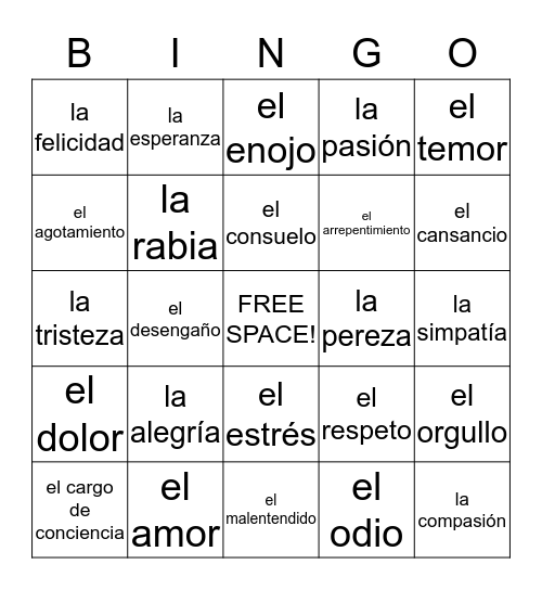 Los Sentimientos Bingo Card